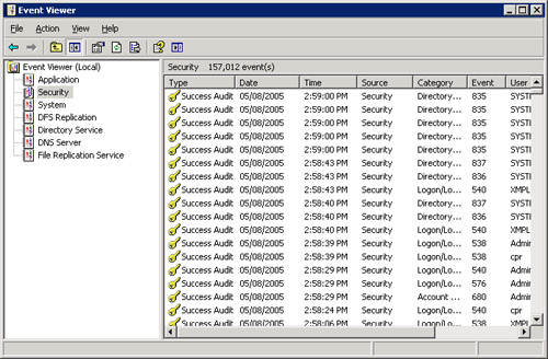 visor de eventos en Windows 2003