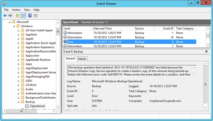 Windows Server Backup writes backup events in the event logs.