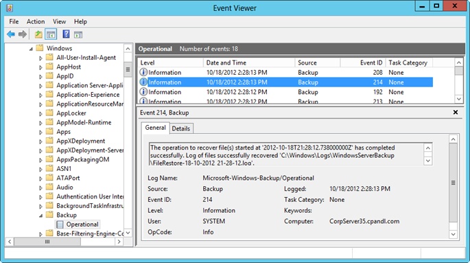 Windows Server Backup writes tracking events for recovery in the event logs.