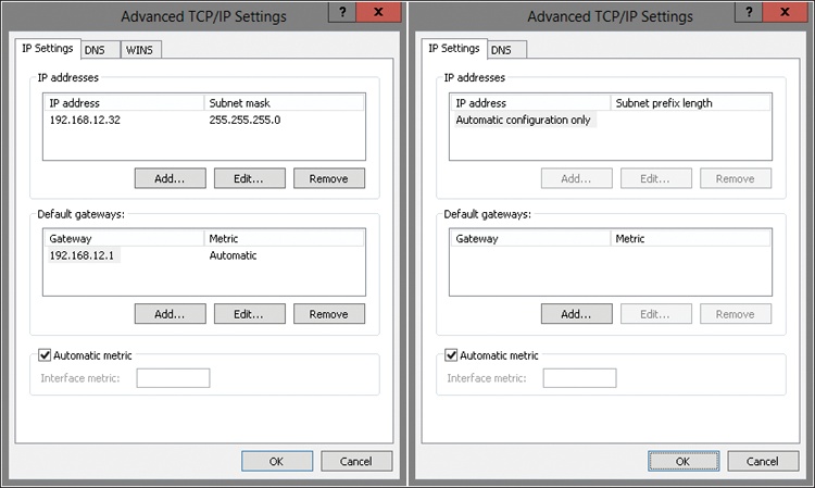 Use the Advanced TCP/IP Settings dialog box to configure multiple IP addresses and gateways (for IPv4 on the left, and IPv6 on the right).