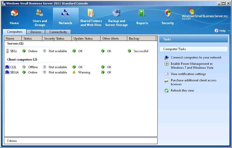 A newly joined secondary server, as shown in the Windows SBS Console.