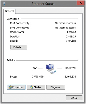 The General tab of the Status dialog box for the network connection provides access to summary information regarding connections, properties, and support.