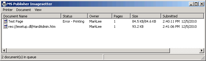 The Print Queue window for a shared printer.