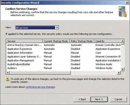 The Confirm Service Changes page of the Security Configuration Wizard