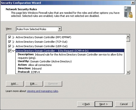 The Network Security Rules page of the Security Configuration Wizard