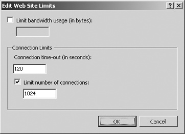 Use the Edit Web Site Limits dialog box to limit connections and set time-out values for each Web site.