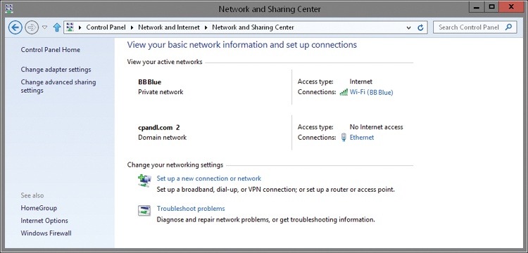 Use Network And Sharing Center to view the network status and details.