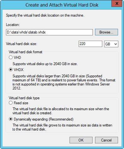 Specify the location, format, and type for the virtual hard disk.