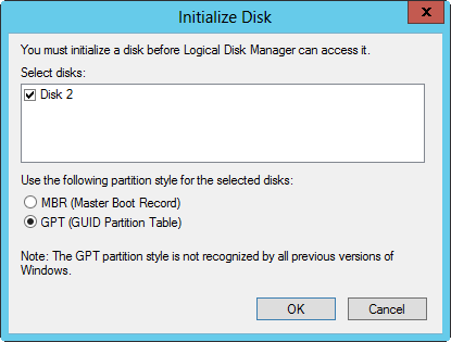 Specify the disk to initialize, and set its partition style.