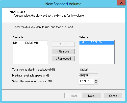 Select the disks that should be part of the volume, and then specify how much space to use on each disk.