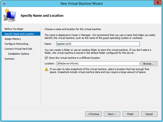 Set the name for the virtual machine and, optionally, its storage location.