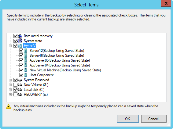 Select items to include in the backup.