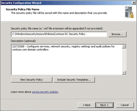 The Security Policy File Name page of the Security Configuration Wizard