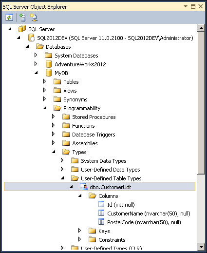 User-defined table types that can be used for TVPs displayed in SQL Server Object Explorer.